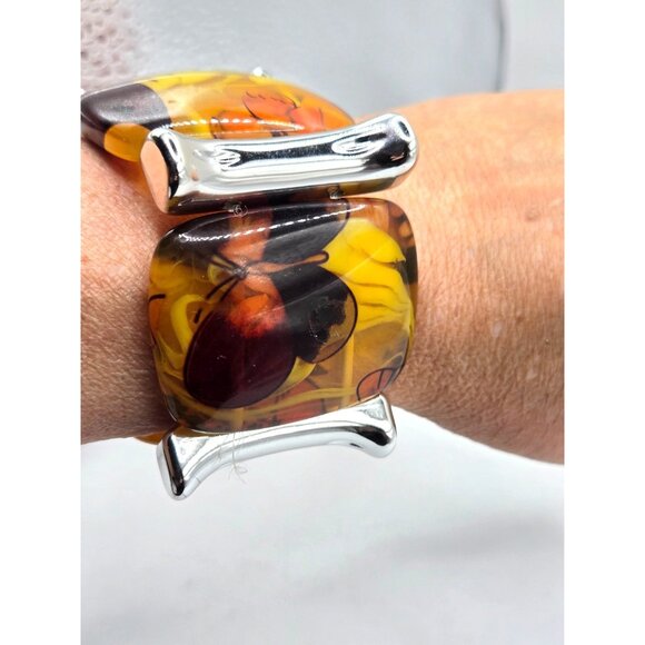 Vintage Butterfly Resin Bracelet Stretch Silver-Tone Bars Bold Statement - Picture 2 of 5